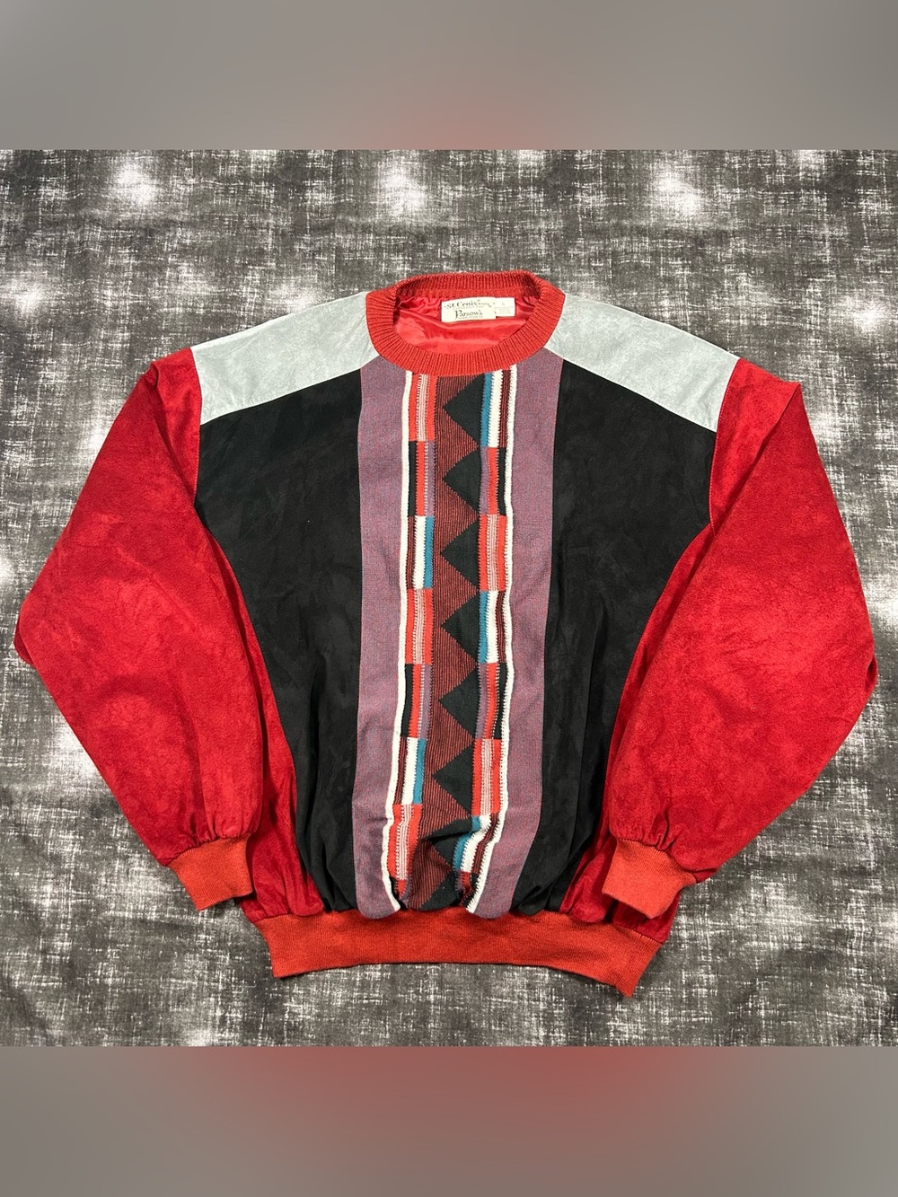 80s St. Croix Knits Sweater Men XL 3D Tribal Aztec Coogi Style Retro Suede Panel